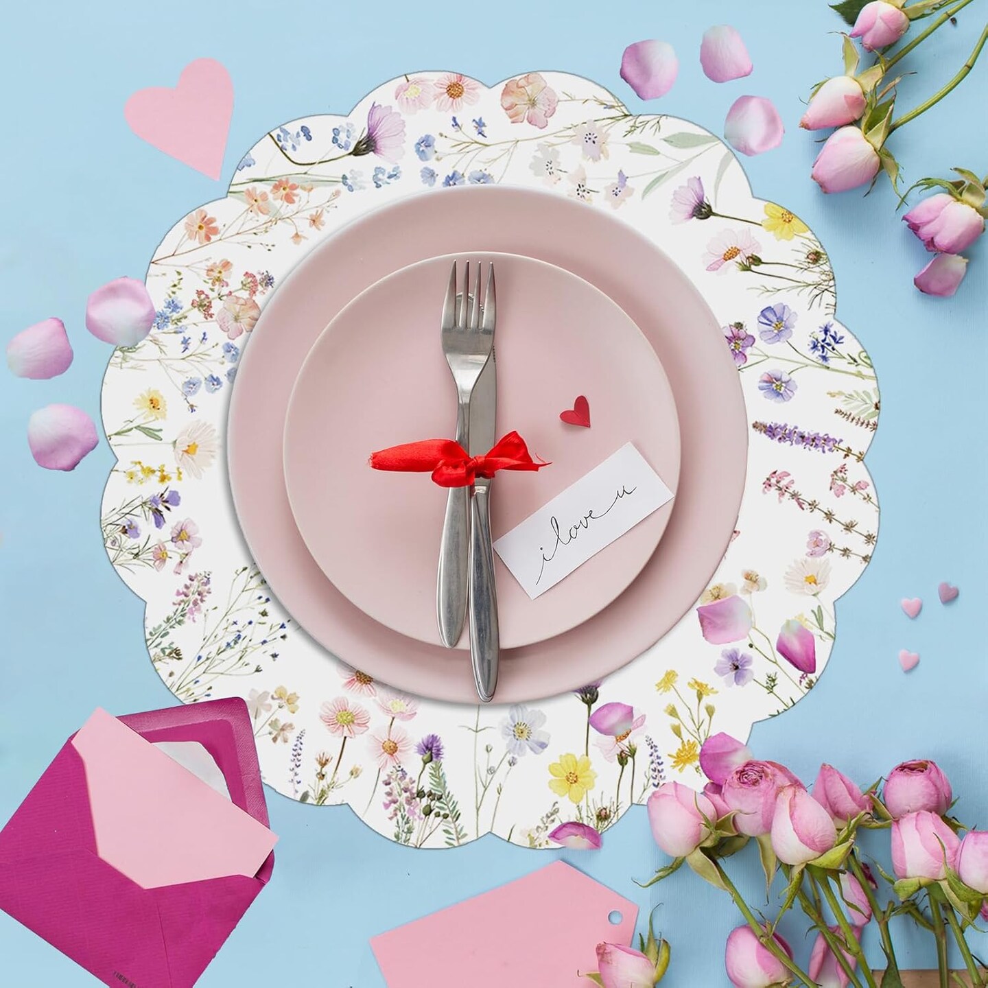 50 Pcs Spring Floral Paper Place Mats, Butterfly Disposable Place Mats, 13.5 inch Scalloped Disposable Placemats Round Placemats for Table Paper Decoration for Birthday Wedding Banquet Party