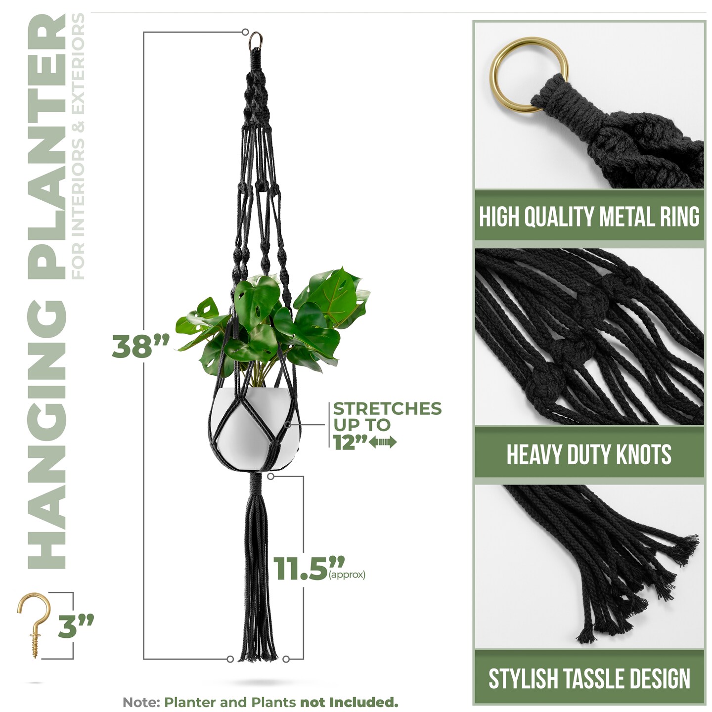 Sorbus Macrame Plant Hanger (4 Pack) Indoor Outdoor Hanging Plant Pots Cotton Rope, Elegant for Home, Patio, Garden (Black)