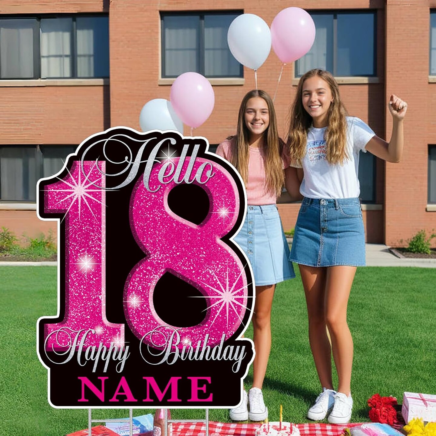18th Birthday Decorations for girls &#x2013; 35&#x22; Happy 18 Birthday Yard Sign, Personalized with Custom Name, Glitter Waterproof Lawn Decor &#x26; Stakes for Outdoor Party