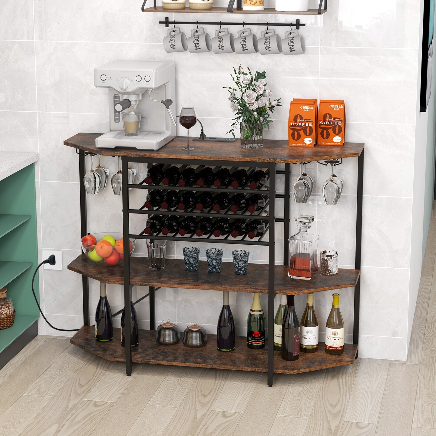 Wine Rack with Charging Station, 21-Bottle Capacity, 8 Glass Holders, and 3 Shelves