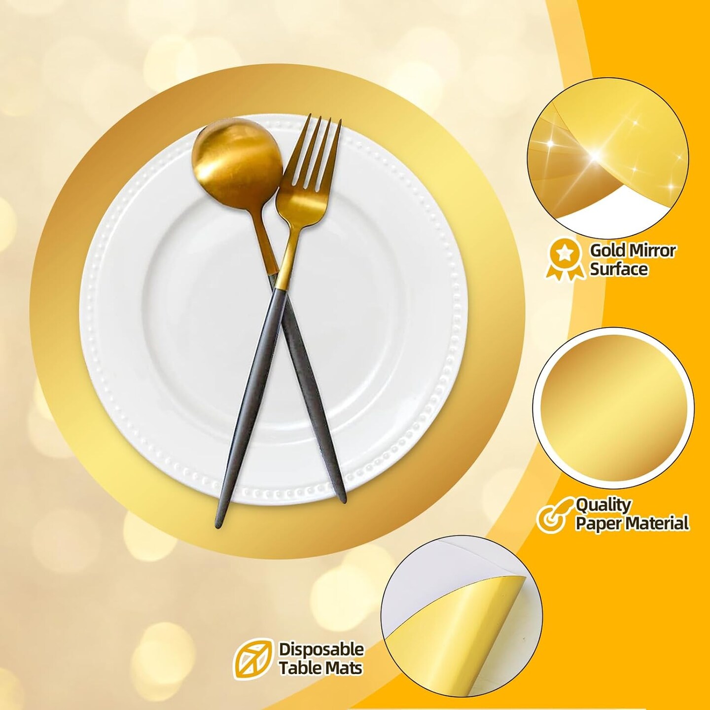 50 Pieces Gold Paper Placemats Round Disposable Glitter Table Mats Mirror Foil Decorative Place Mats for Wedding Holiday Party Christmas Dining Table Decor