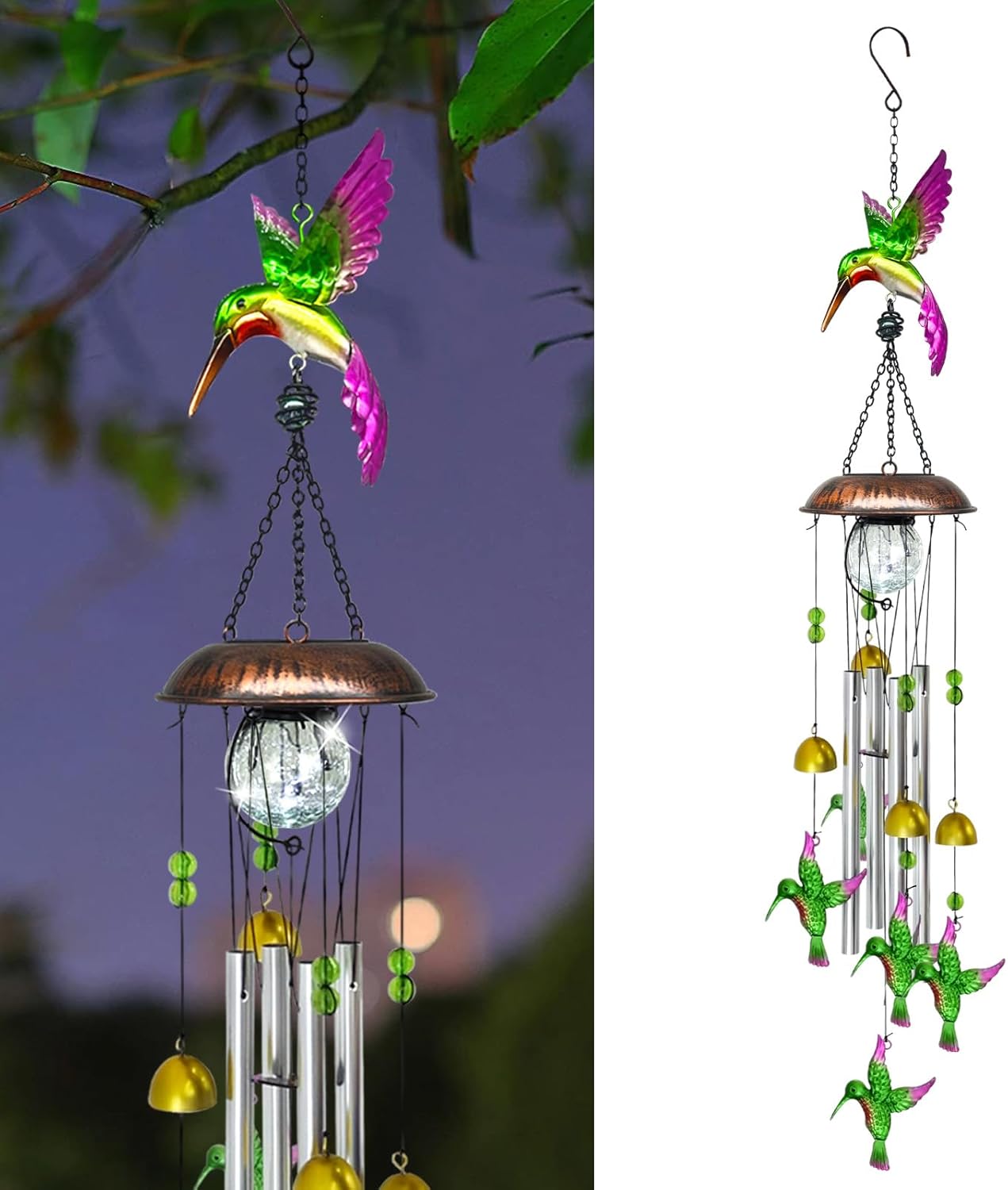 Solar Wind Chimes for Outside, 33.5 Inch Hummingbird Wind Chimes Outdoors with Crackled Glass Ball Decorative