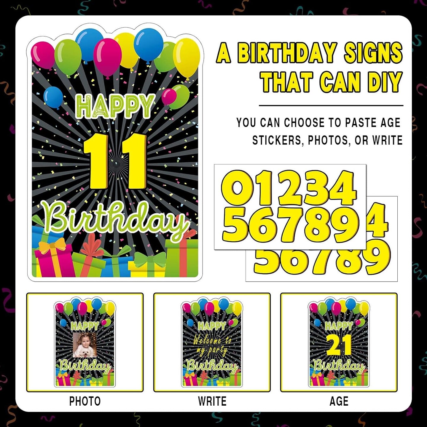 Happy Birthday Yard Signs with Stakes - 2 x LED Lights and Personalized Signs with 20 Number Stickers - 16&#x22; Large Birthday Yard Signs Colourful Outdoor Lawn Decorations, REUSABLE, WEATHERPROOF