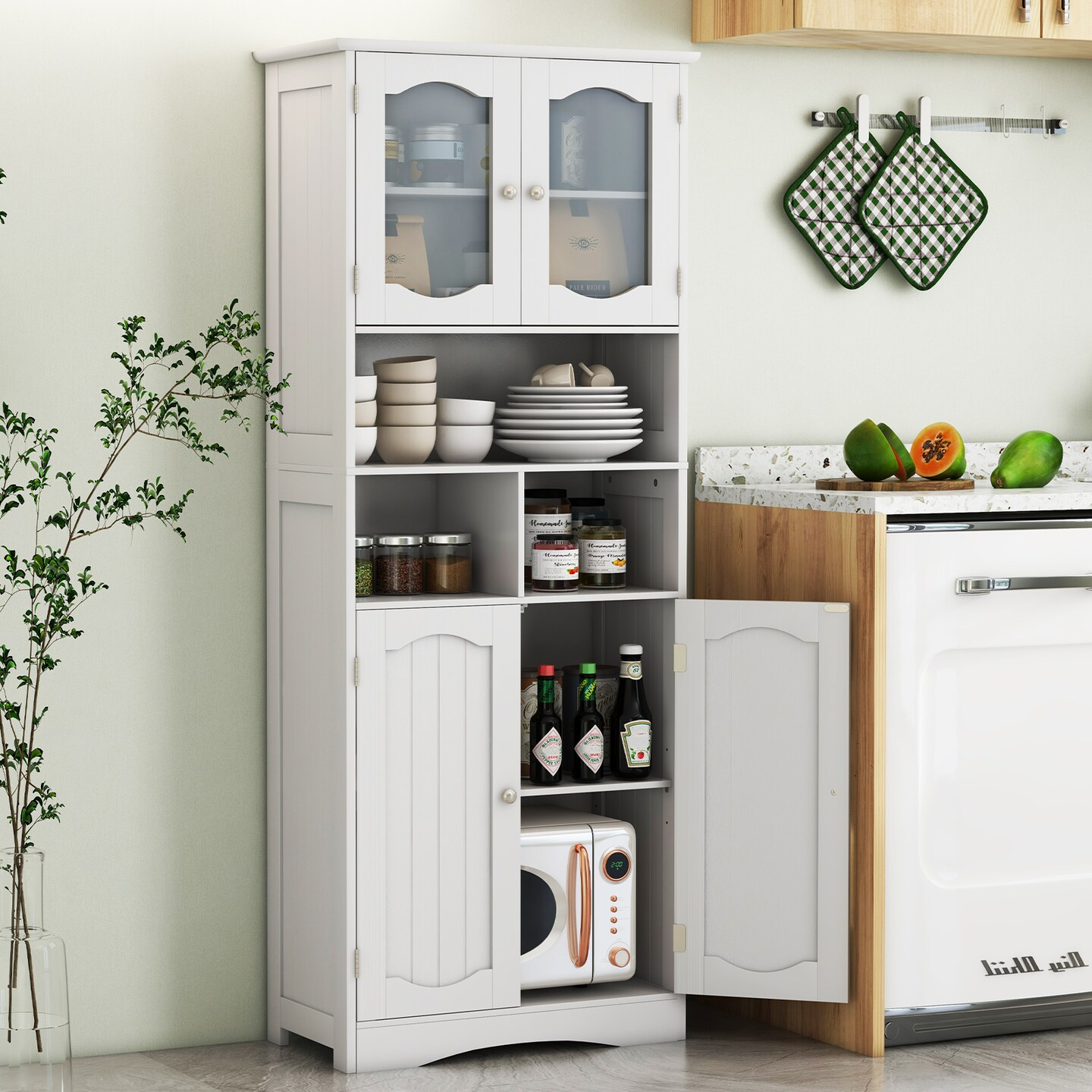 58.5 Inch Freestanding Linen Bathroom Storage Cabinet with Frost Glass Doors