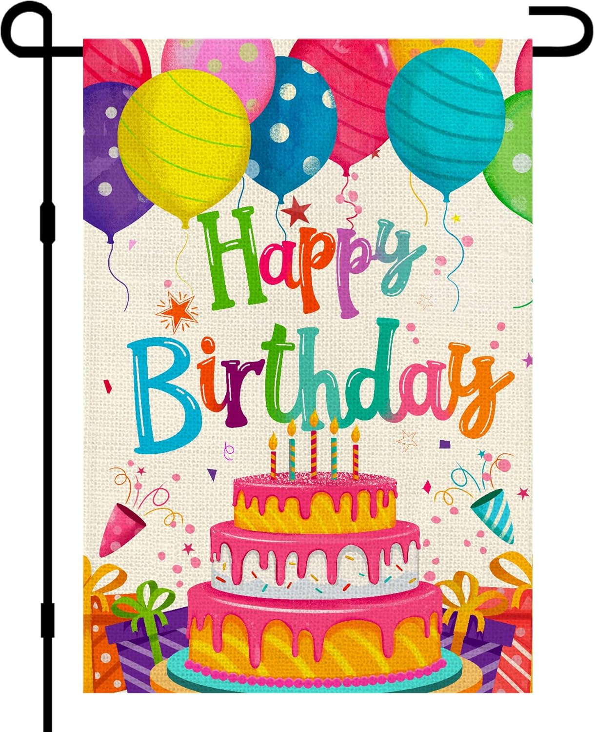 Happy Birthday Garden Flags 12x18 Double Sided Burlap, Colorful Balloon Cake Toppers Personalized Banner Farmhouse Yard Sign Birthday Party Outdoor Decorations