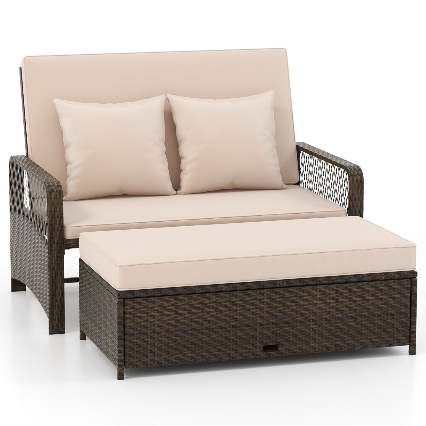 Patio Loveseat and Ottoman Set with 4-level Adjustable Backrest and Storage Area