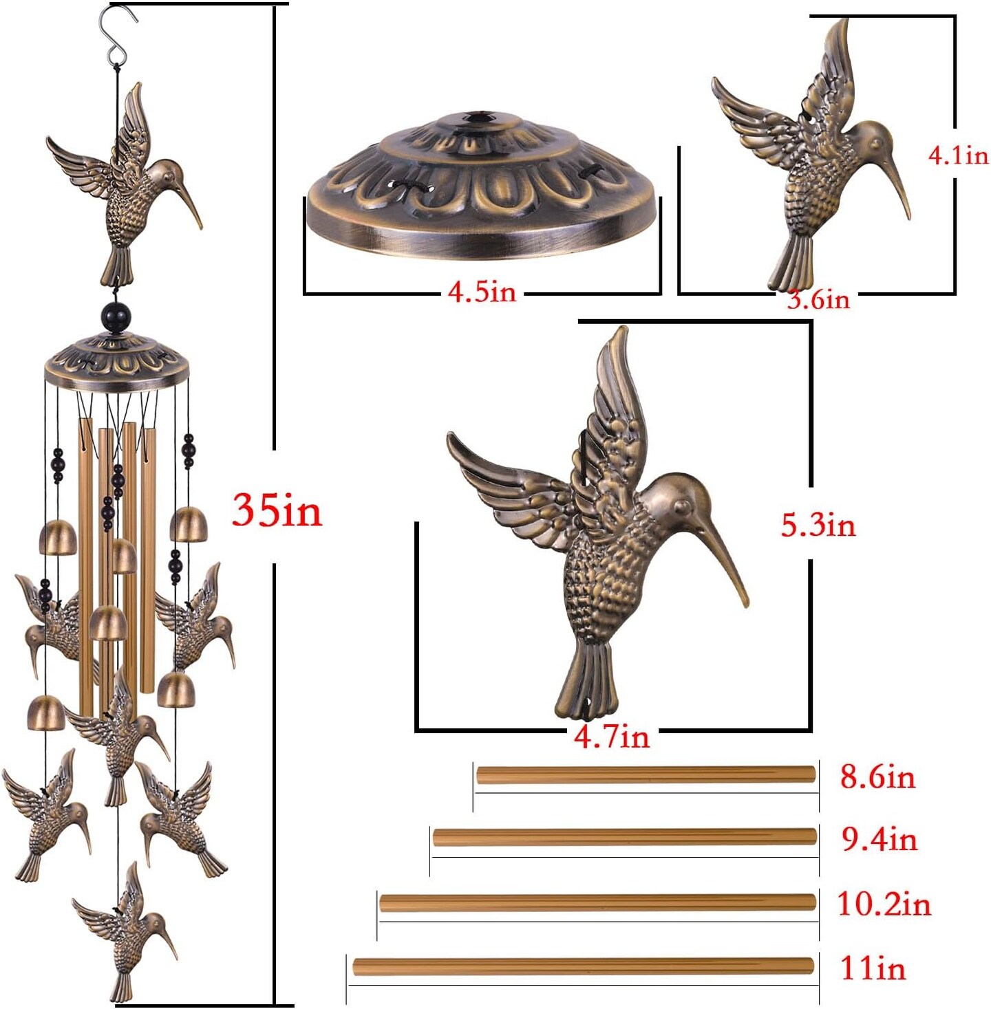 Bronze Hummingbird Wind Chimes - Outdoor/Indoor Decoration, Gift for Women, Home, Garden