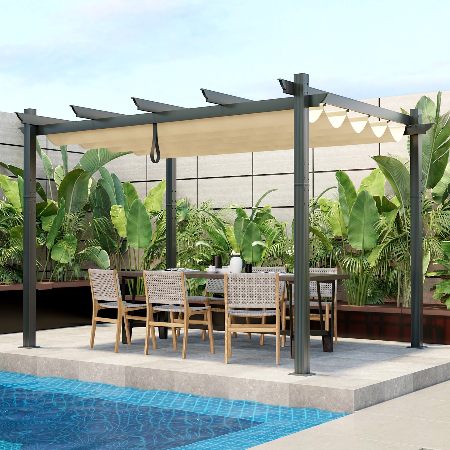 Retractable Pergola with Aluminum Frame and Trellis
