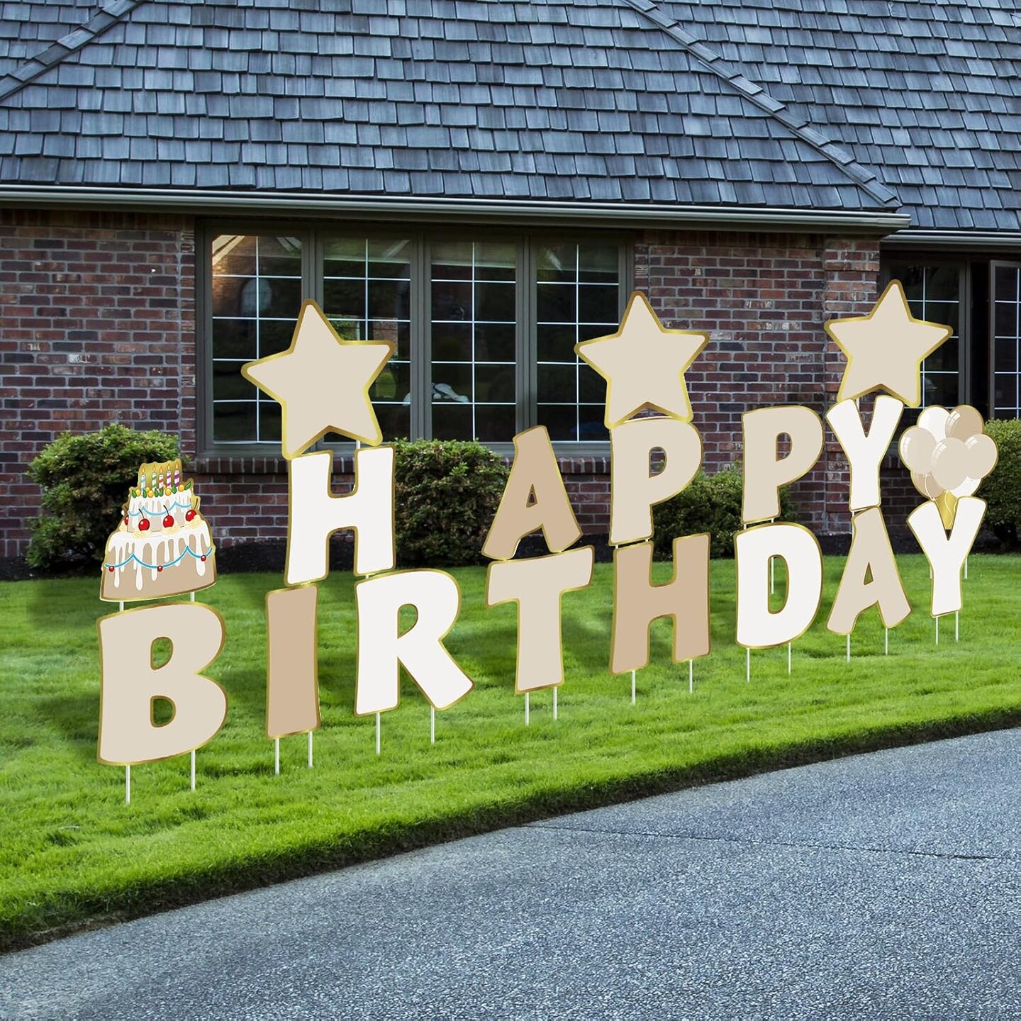 18 Pieces Happy Birthday Yard Signs with Stakes, 16 Inches Birthday Outdoor Lawn Signs, Cake Balloon Patio Decorations, Garden Lawn Decorations for Party Outdoor Decor(Beige)