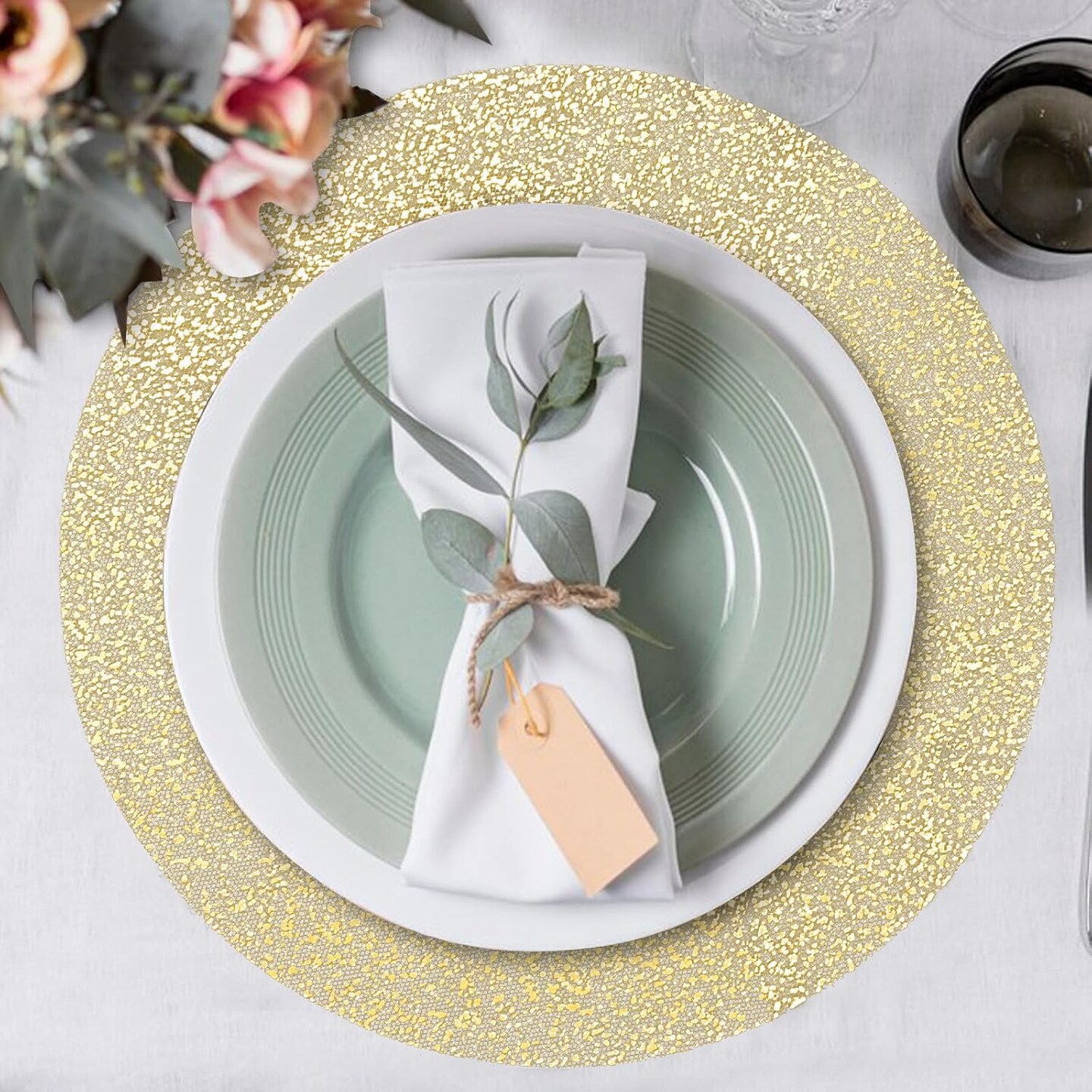 50 Piece Gold Placemats Disposable Round Table Mat 13 Inch Gold Foil Babys Breath Mesh Pressed Foil Paper Placemat Tablecloths Table Runner for Party Wedding Home Dinners Table Decor