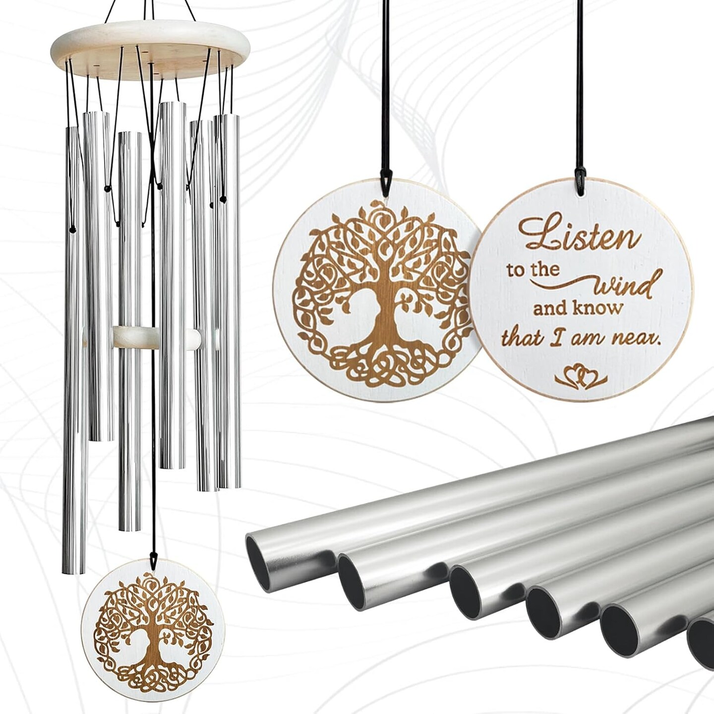 Wind Chimes Outdoors,33&#x22; WindChimes for Loss of Loved One,Memorial/Sympathy Gifts for Mother/Unisex/Father,Tree of Life Wind Chimes for Outside Zen Garden Home Yard Decoration (Silver)