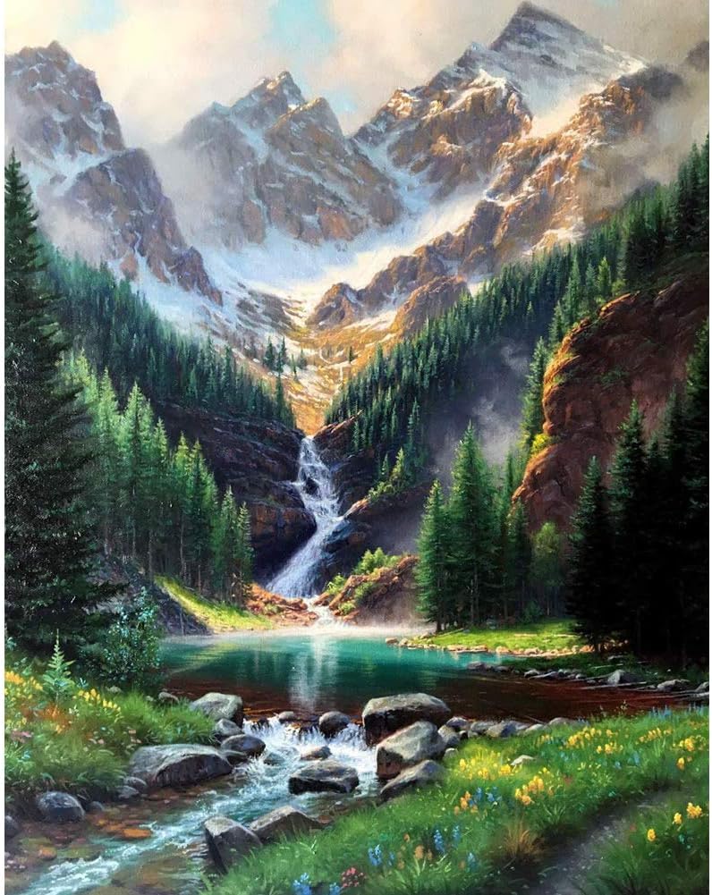 Paint by Number Mountains waterfall DIY Painting On Canvas, Paintwork with Paintbrushes Acrylic Paints,Perfect for Paint by Numbers for Adults and Kids Students Beginner
