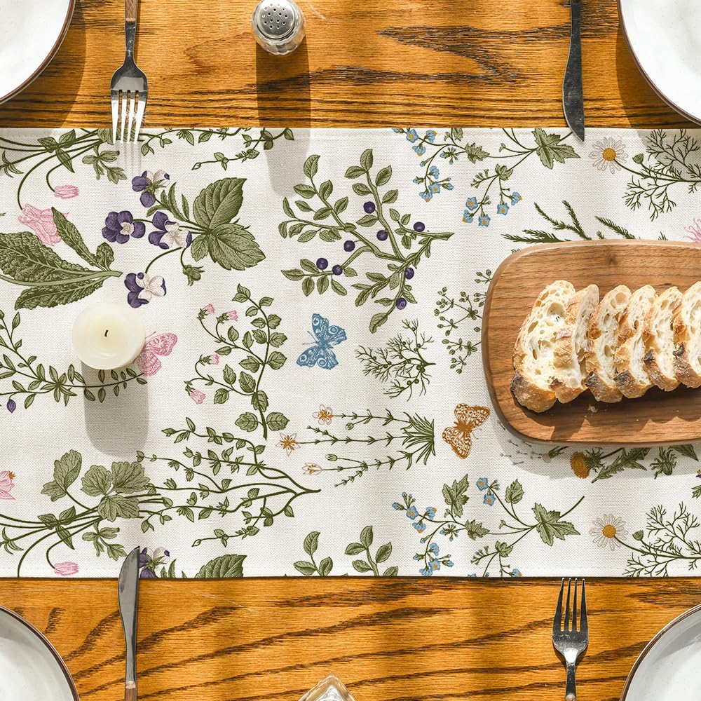Wildflowers Floral Spring Table Runner, Seasonal Summer Butterfly Kitchen Dining Table Decoration