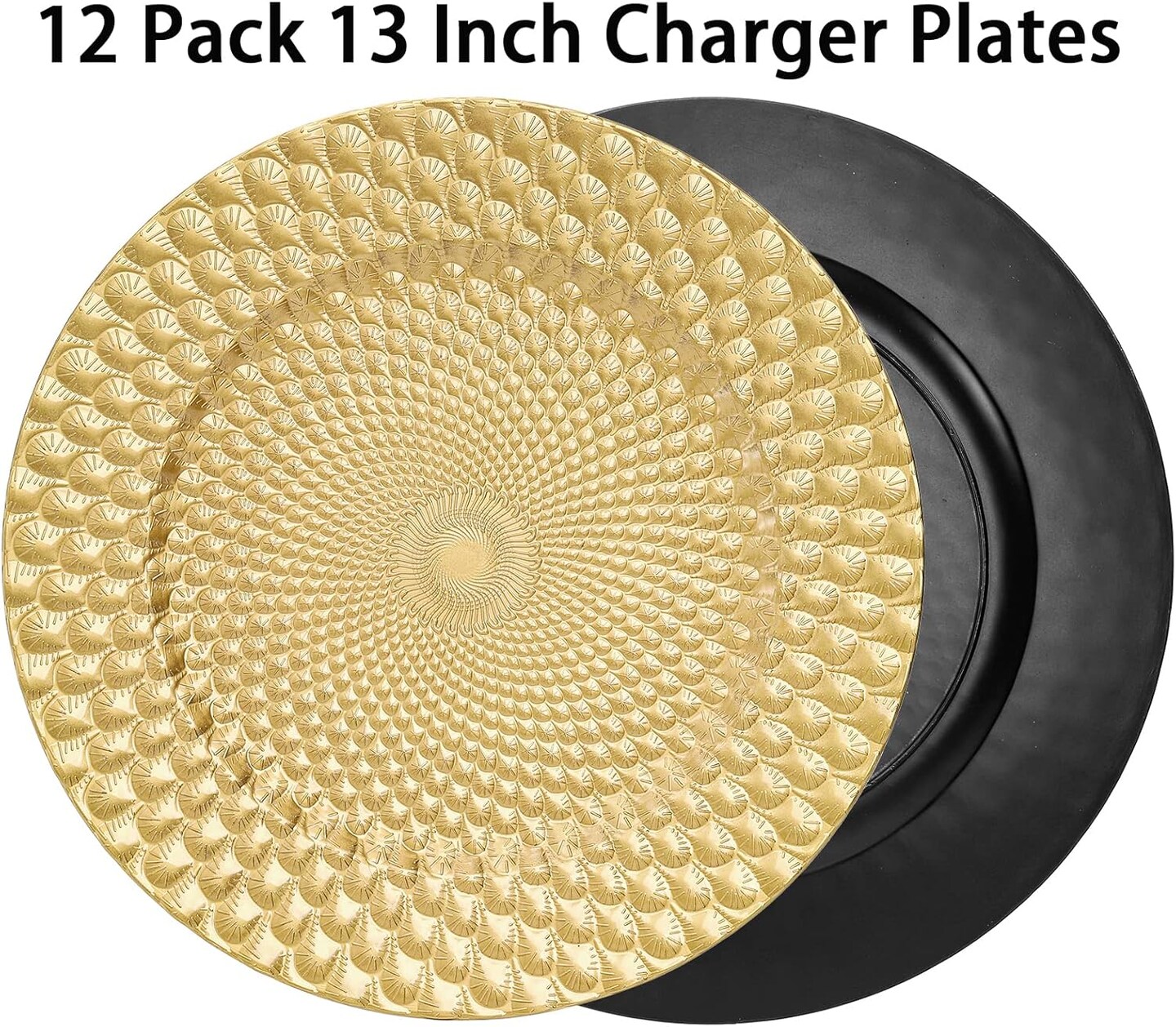12 Pack Gold Charger Plates, 13&#x22; Plastic Round Decorative Dinner Under Plate, Reusable Elegant Peacock Service Chargers for Wedding Christmas Thanksgiving, Party Table Place Setting