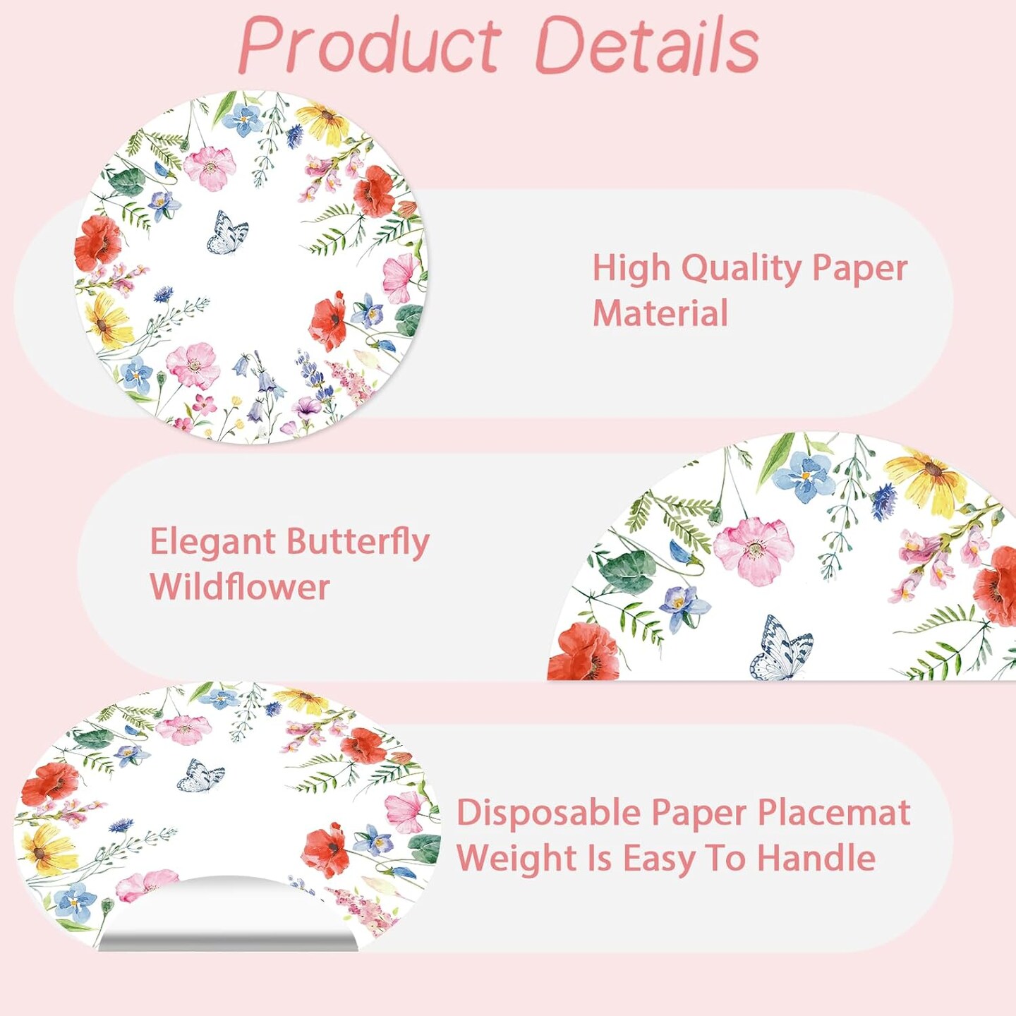 Paper Placemats Disposable 50 Pack Spring Flowers Place Mats 13.4 Inch Round Decorative Butterfly Wildflower Table Mats for Spring Birthday Bridal Wedding Party Supplies