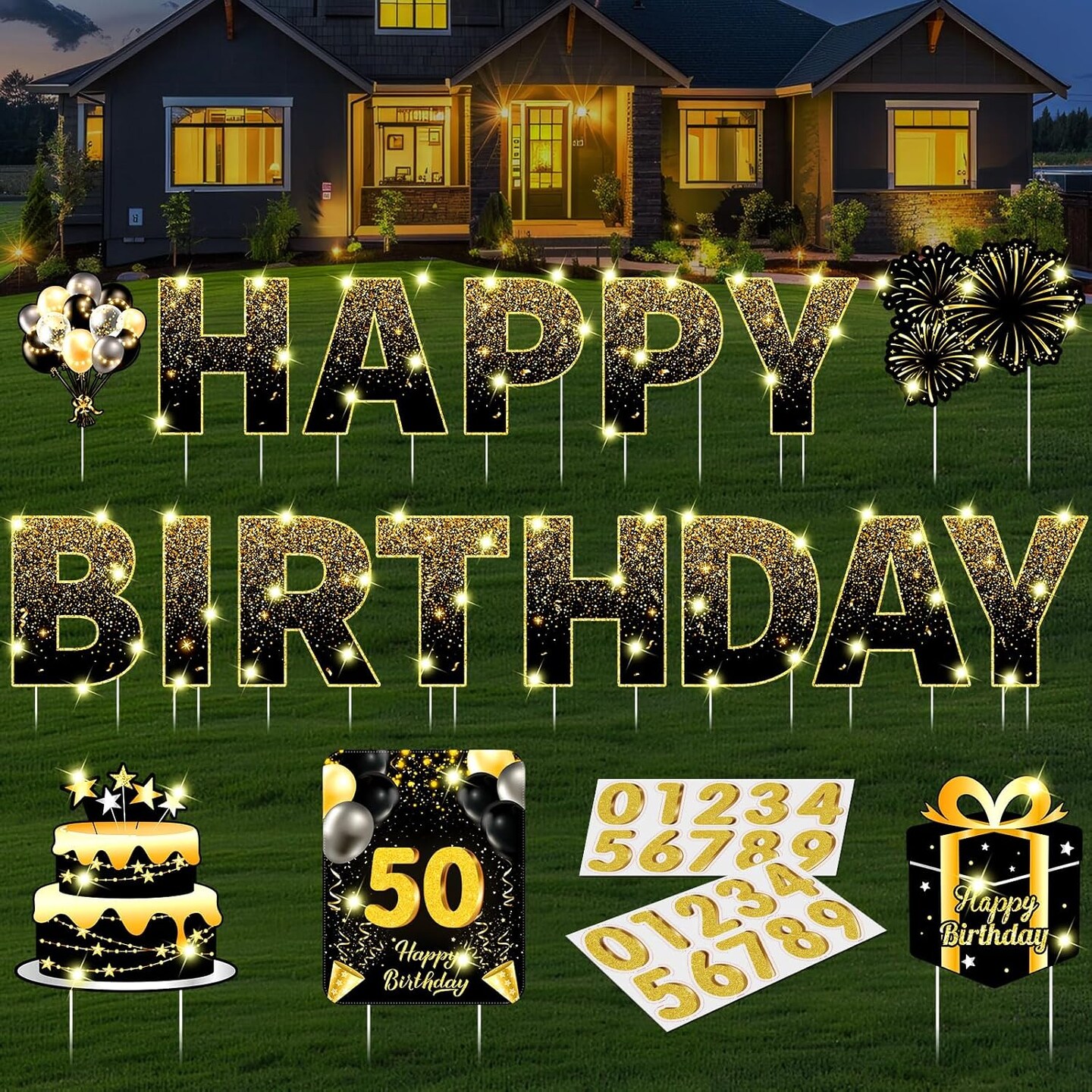 18 Pcs Happy Birthday Yard Signs with Stakes 2 x 5 M LED Lights Personalized Age Name Sign with 20 Number Stickers 14 Inch for Yard Lawn Garden Outdoor Decoration Party Supplies (Black Gold)
