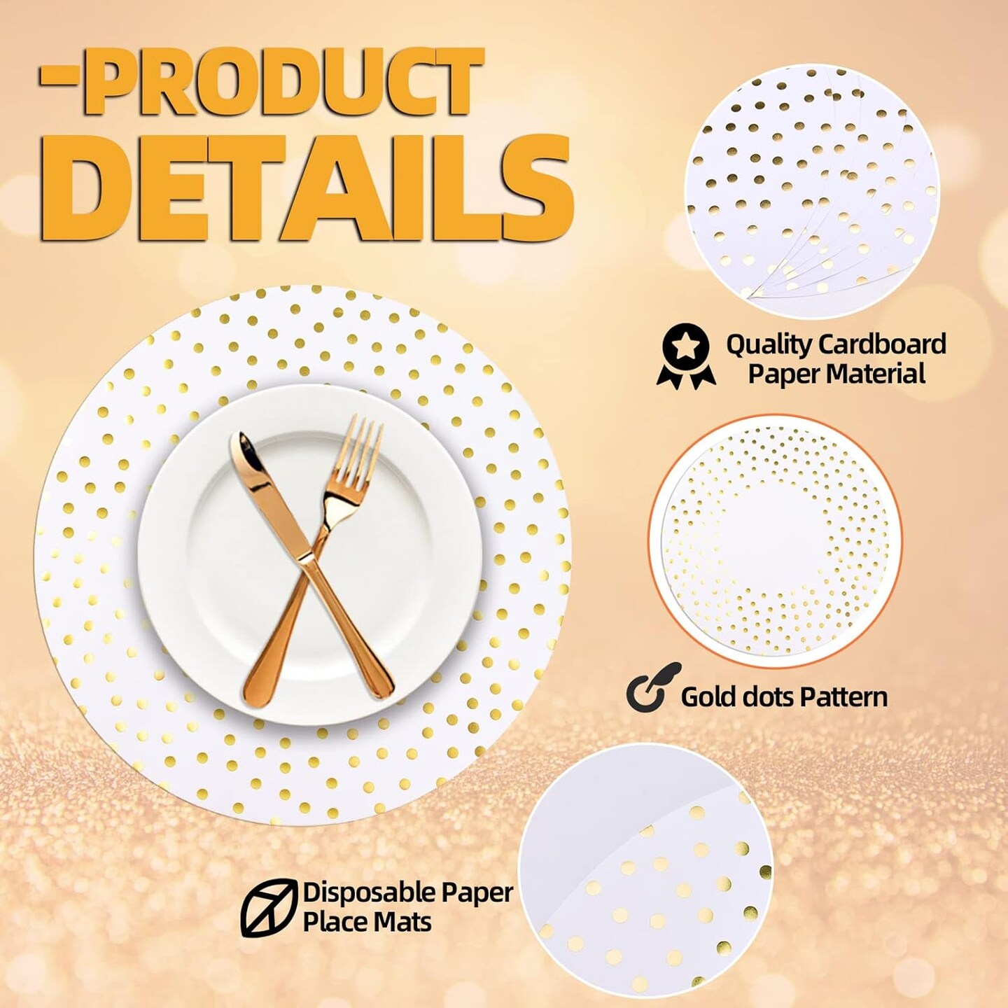 50 Pcs 14 Inch White and Gold Foil Paper Place Mats Golden Polka Dots Round Placemats Disposable Decorative Table Mats for Wedding Banquet Party Home Dining Table Decor