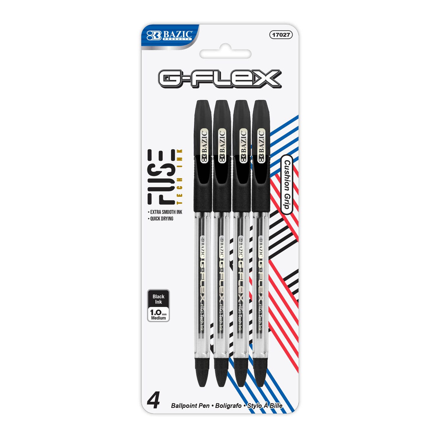 BAZIC G-Flex Black FUSE Tech Ink Pen w/ Cushion Grip (4/Pack)