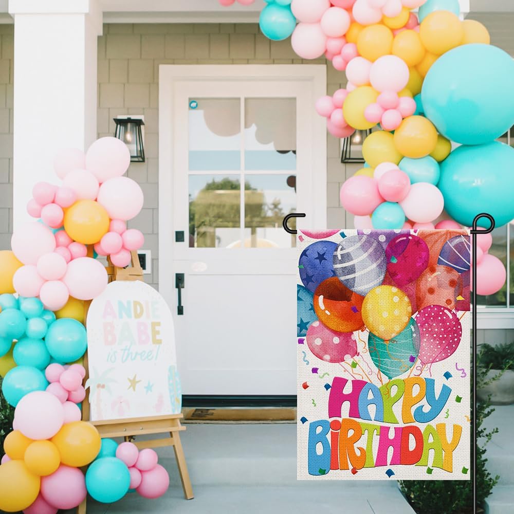 Happy Birthday Garden Flags for Outside 12x18 Double Sided Burlap, Colorful Balloon Personalized Banner Farmhouse Yard Sign Birthday Party Decorations DF575