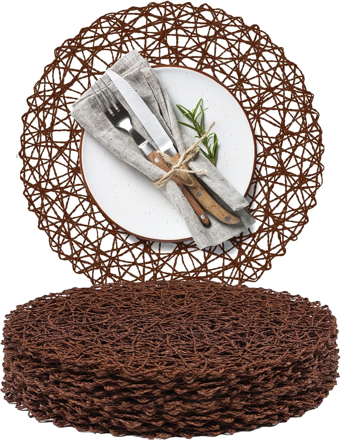 Paper Braided Round Placemats Set of 12 Natural Non-Slip Heat Resistant Table Mats for Dining Tables Woven Indoor & Outdoor Place mats(Coffee,12)