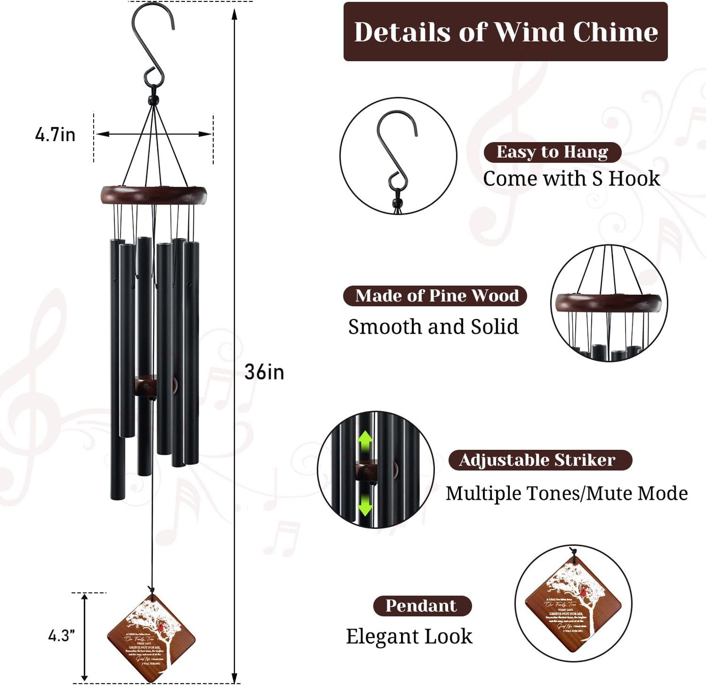 Memorial Wind Chimes for Loss of Loved One, 36&#x22; Sympathy Gifts for Loss of Dad Father Brother Friends, Bereavement Outdoor Classic Black Windchimes Suitable for Garden, Patio Decoration