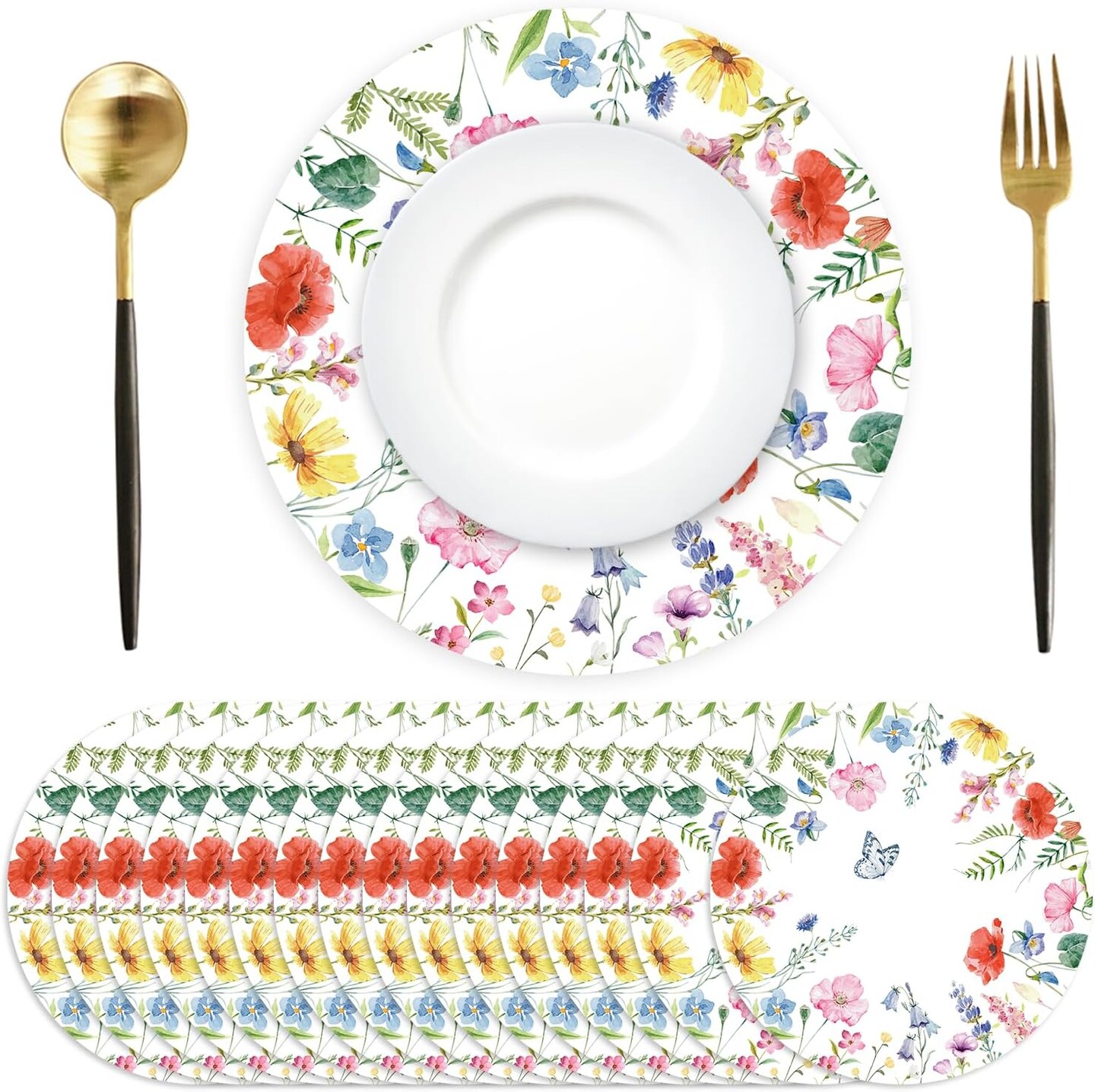 Paper Placemats Disposable 50 Pack Spring Flowers Place Mats 13.4 Inch Round Decorative Butterfly Wildflower Table Mats for Spring Birthday Bridal Wedding Party Supplies