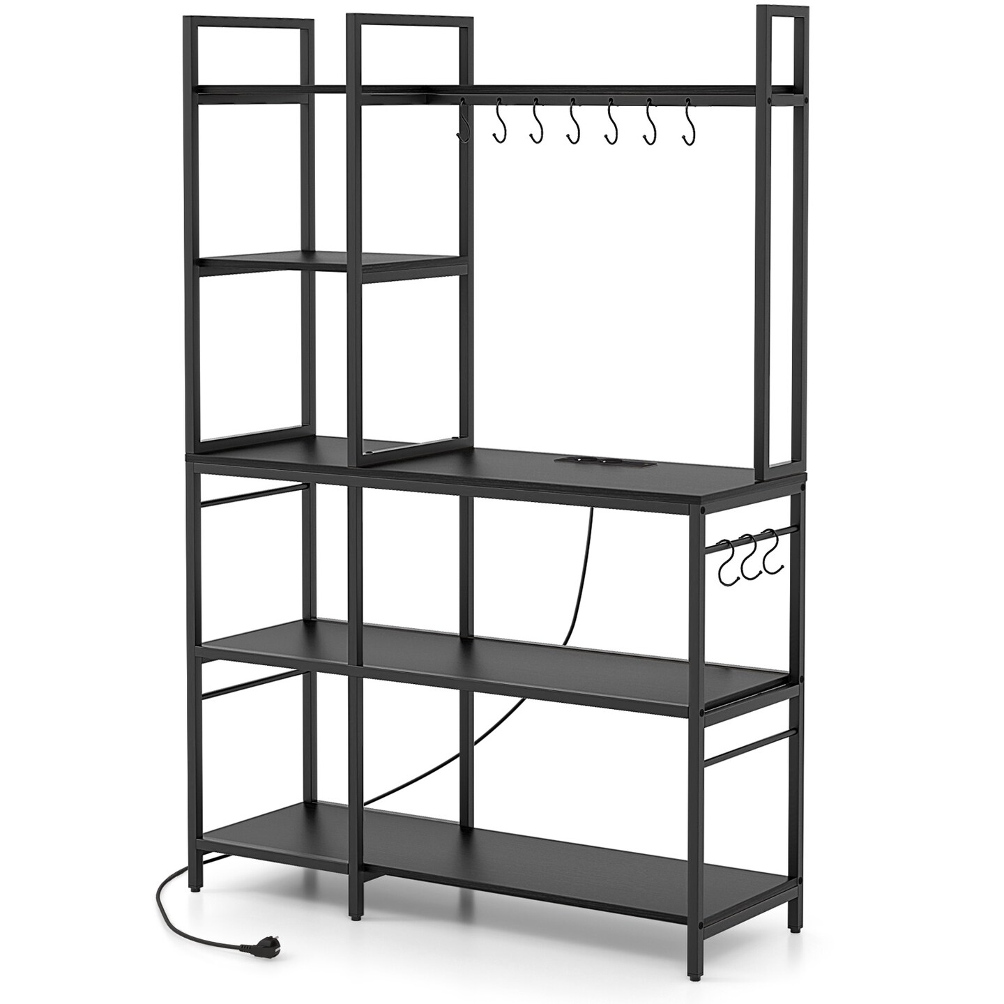 Metal and Wood Kitchen Backers Rack with Charging Ports, 5 Tiers and Anti-Tip Safety