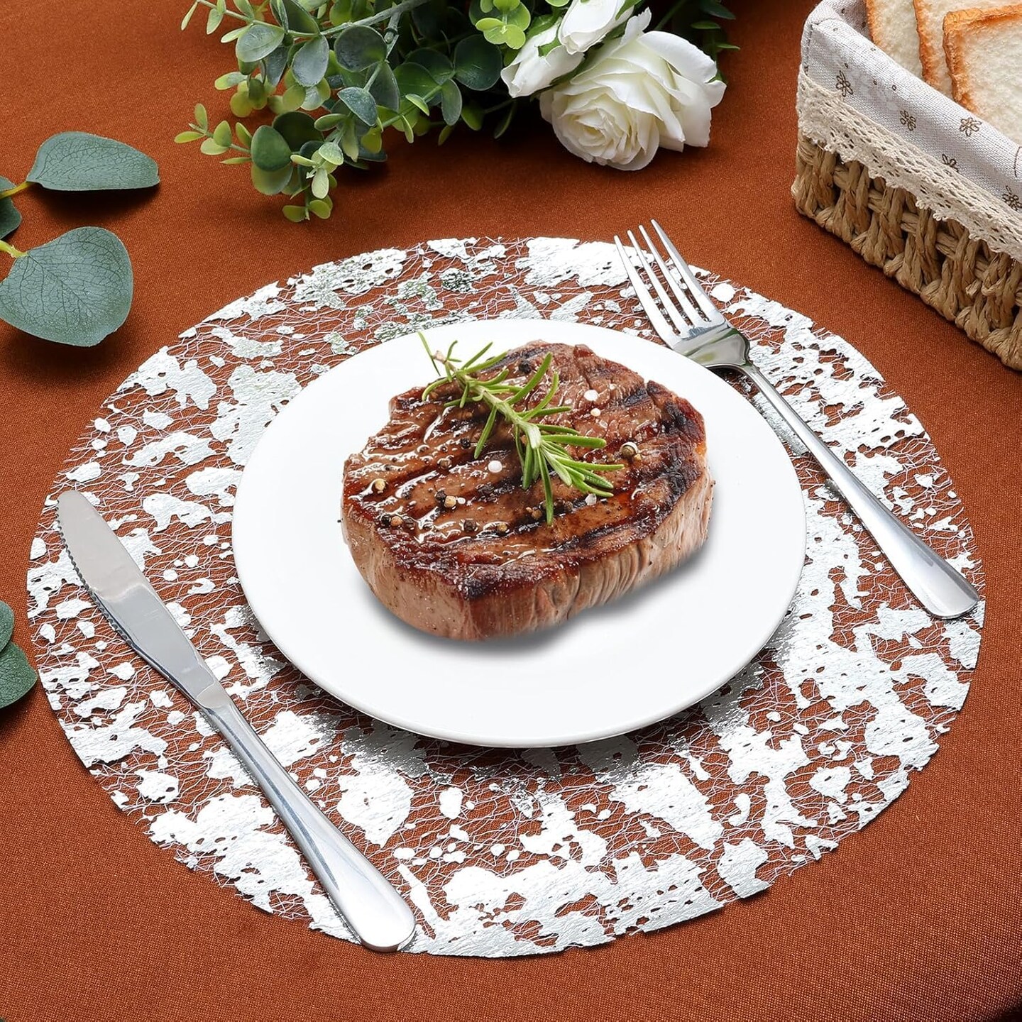 Silver Placemats Disposable Round Table Mat 13 Inch Silver Foil Paper Mesh Pressed Table Doilies Metallic Thin Mesh Table Runner for Home Decoration Dining Wedding Birthday Party (100 Pcs)