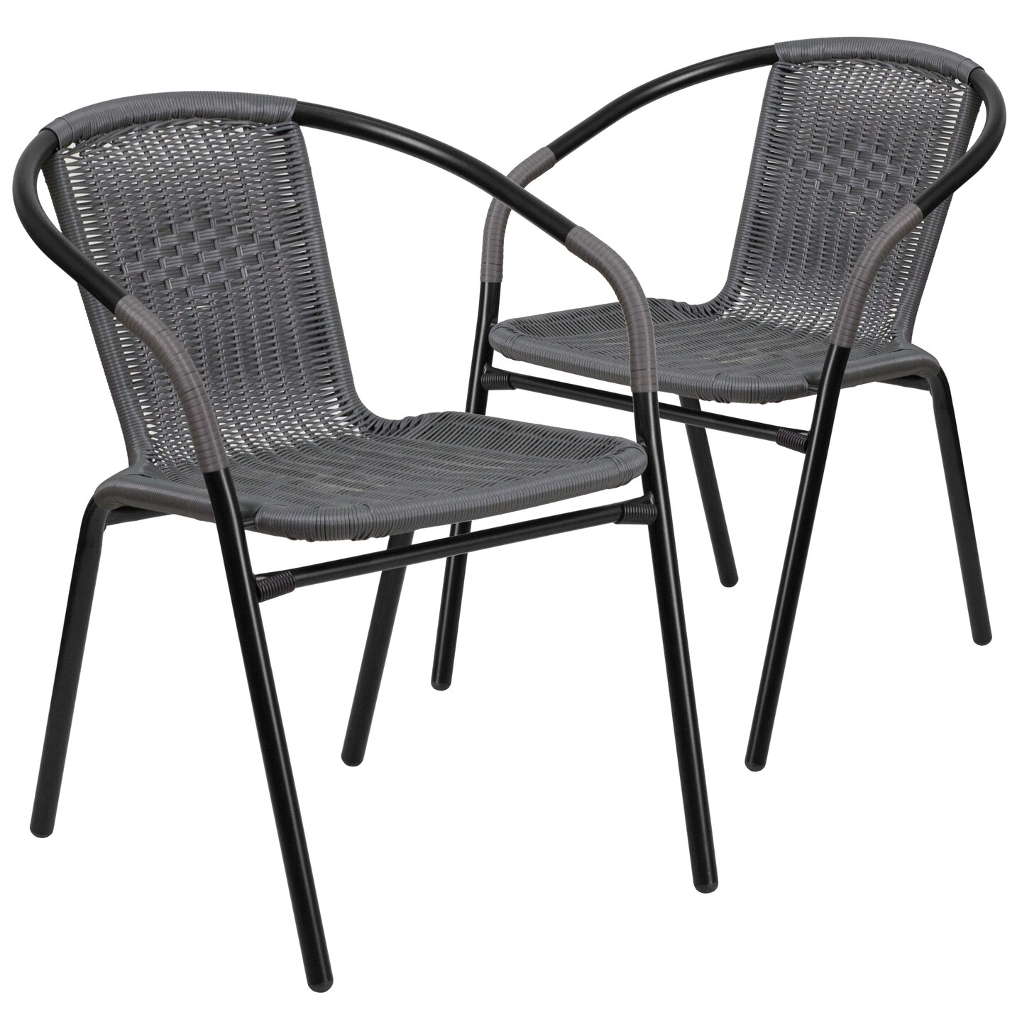Emma and Oliver 2 Pack Rattan Indoor-Outdoor Restaurant Stack Chair with Curved Back