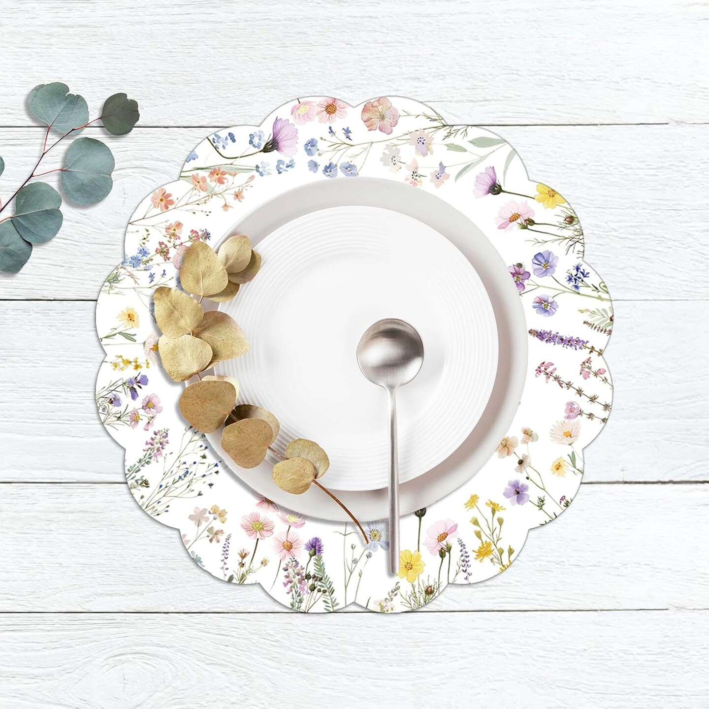 50 Pcs Spring Floral Paper Place Mats, Butterfly Disposable Place Mats, 13.5 inch Scalloped Disposable Placemats Round Placemats for Table Paper Decoration for Birthday Wedding Banquet Party
