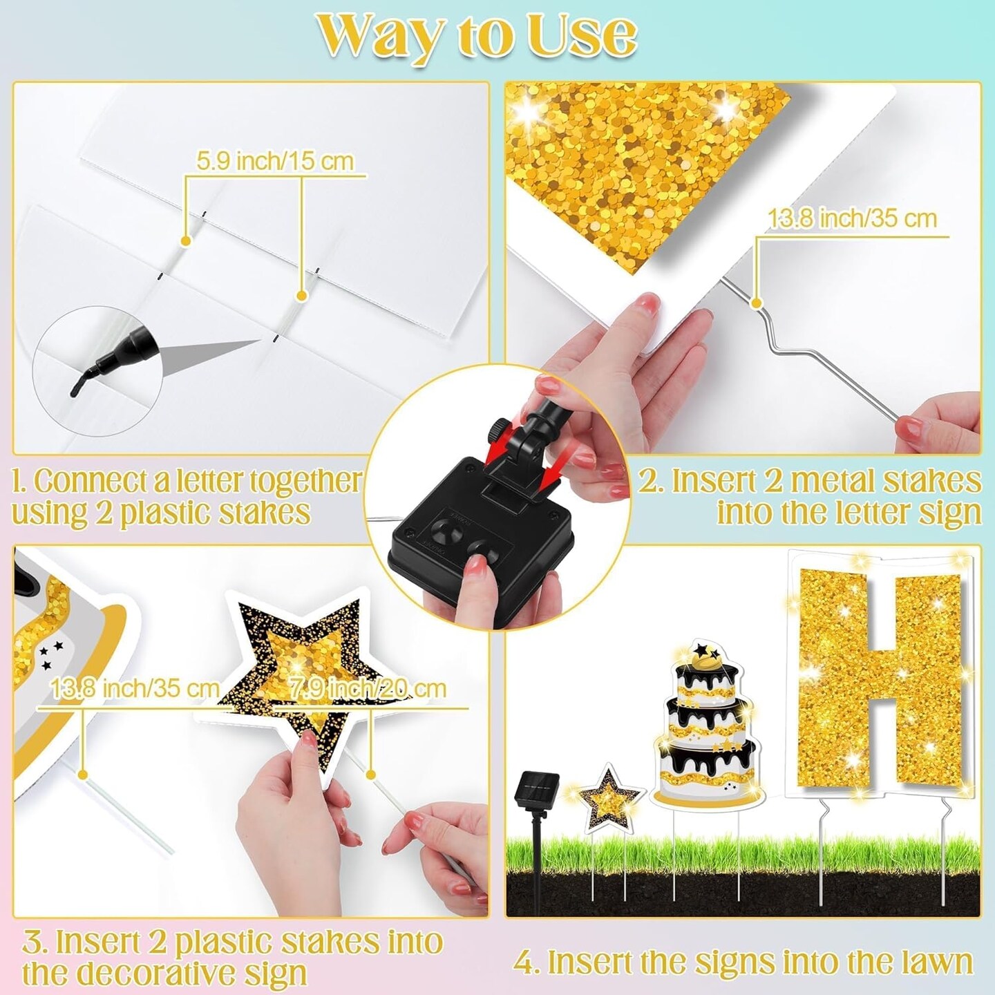 25 Pcs Extra Large 19.7 Inch Happy Birthday Yard Signs with Solar LED Light Black and Gold Birthday Lawn Signs with Metal Stakes Waterproof Outdoor Decorations for Garden Party