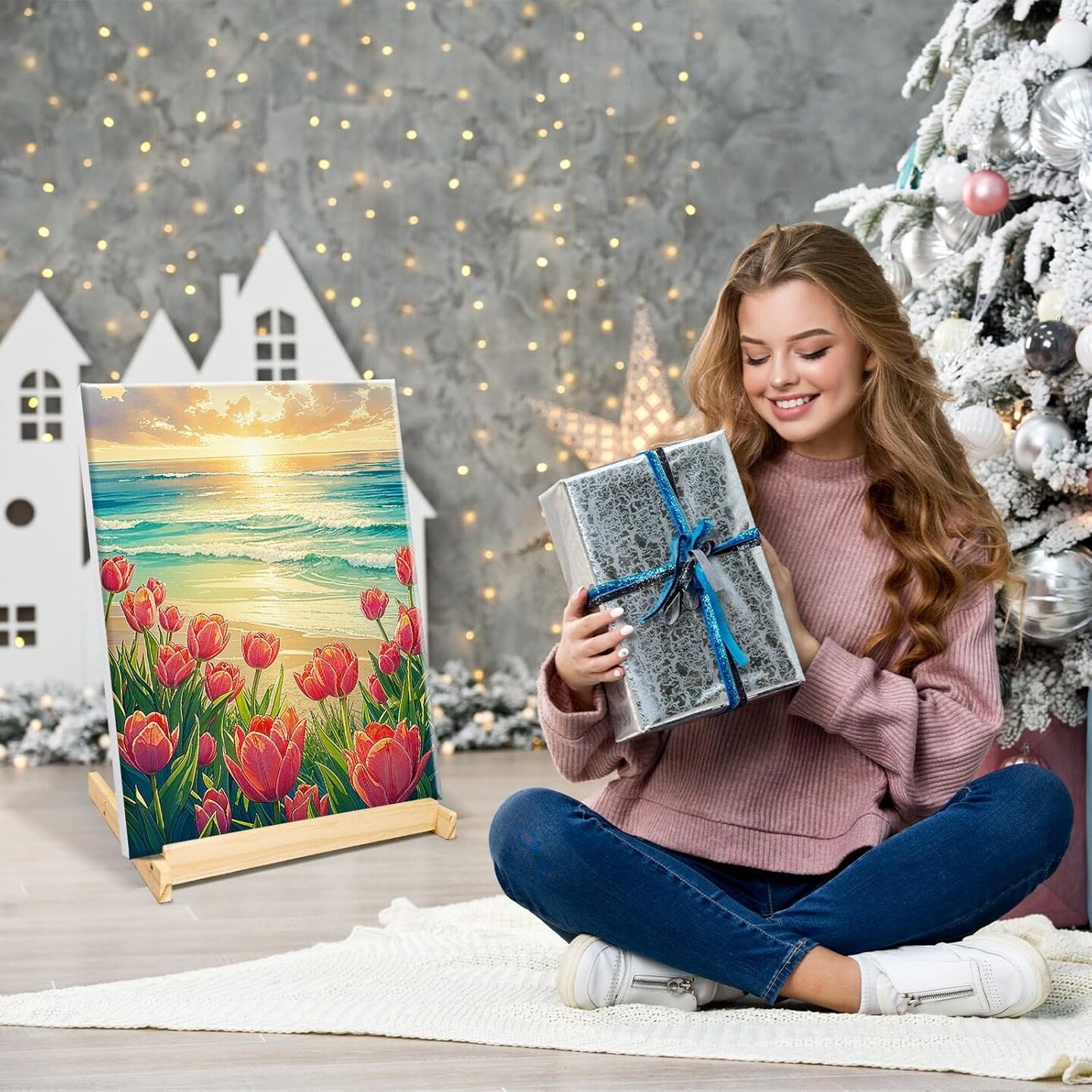 Paint by Numbers Kit for Adults with Frame, Seaside Sunset Paint by Number with Easel, DIY Tulip Paint by Number Kits Framed Canvas for Home Wall Decor