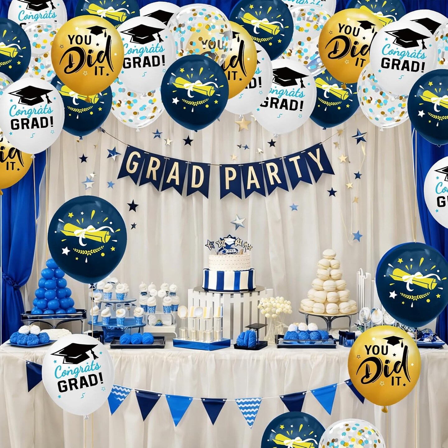Graduation Decorations 2026 - Graduation Balloons 62pcs 12 Inch Navy Blue Gold White Grad Print Latex Confetti Balloon for College High School Class of 2026 Congrats Grad Party Decor Supplies (Ribbon)