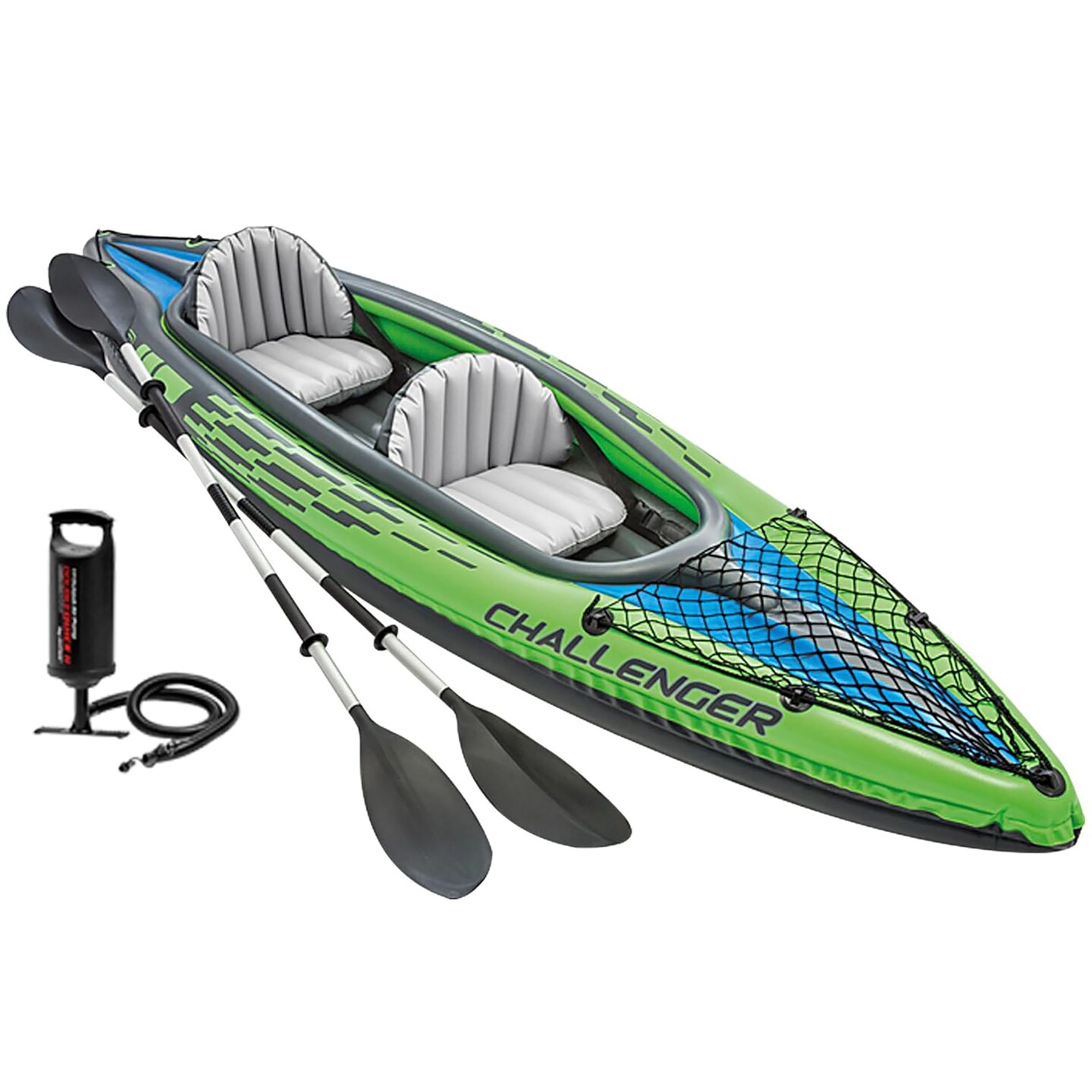 Intex: Challenger K2 - 2 Person, 11.5' Inflatable Kayak Set - Green-Blue, 86" Paddles, Pump, SuperStrong PVC, Adjustable Seats, Storage Net, 400lb Cap