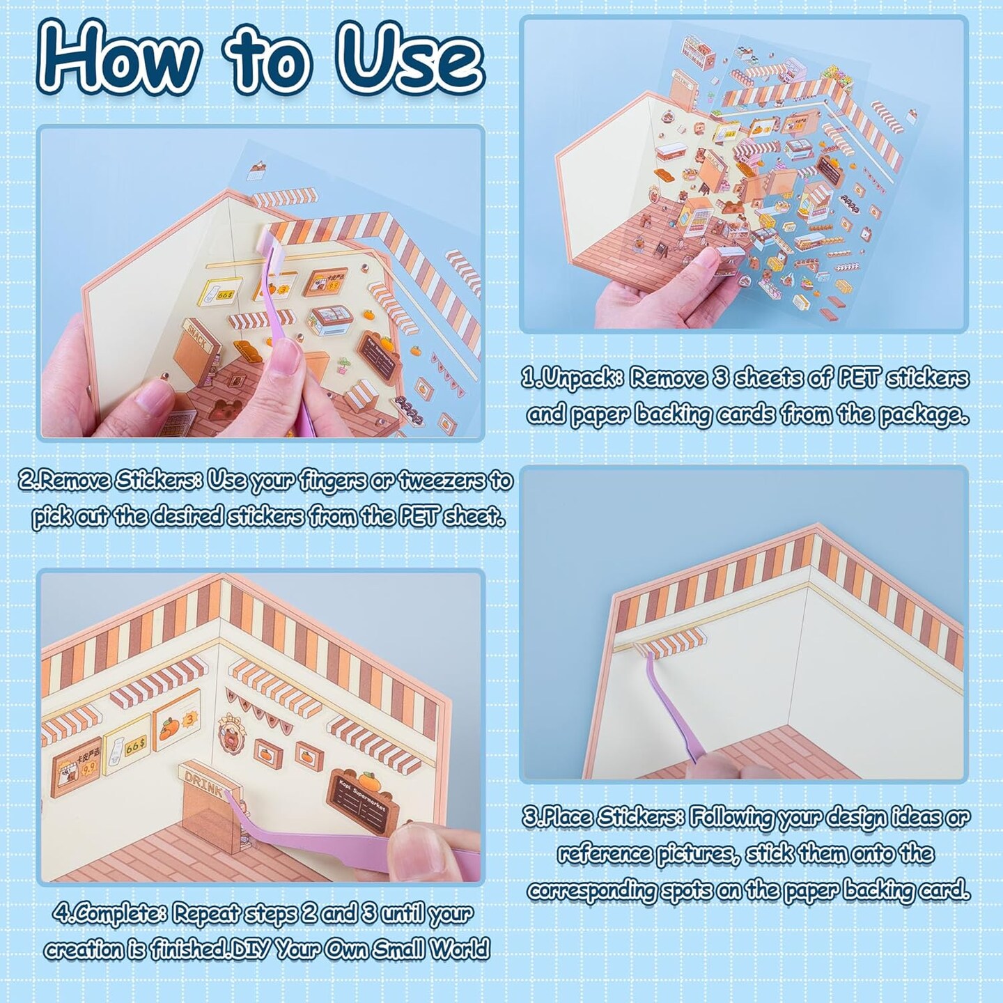 6 Set 3D Miniature Scene Stickers(Supermarket, Cafe, Library & Bathroom)