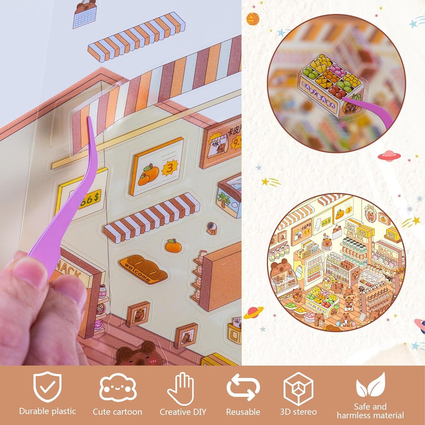 6 Set 3D Miniature Scene Stickers(Supermarket, Cafe, Library & Bathroom)