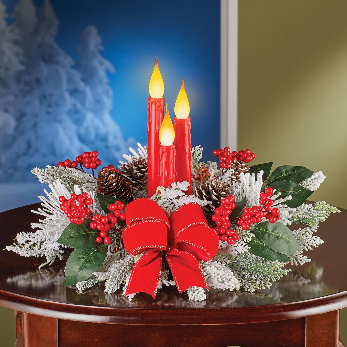 Collections Etc LED Lighted Frosted Pine Candle Holiday Centerpiece