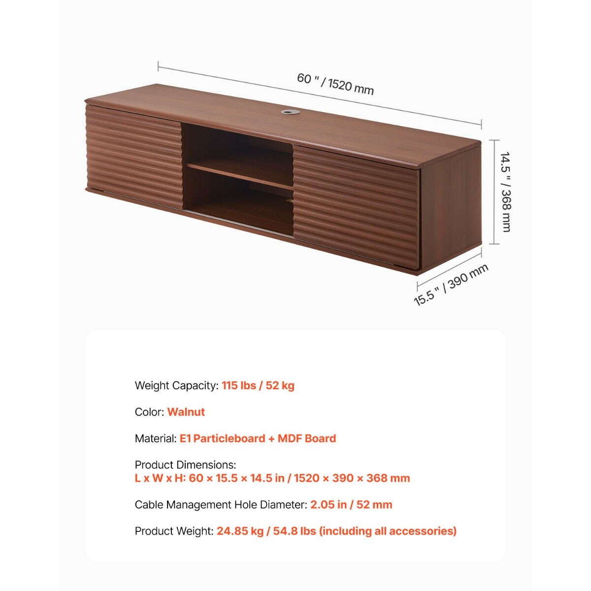 60 Inch Floating TV Stand with Adjustable Shelf & Sliding Doors, Walnut