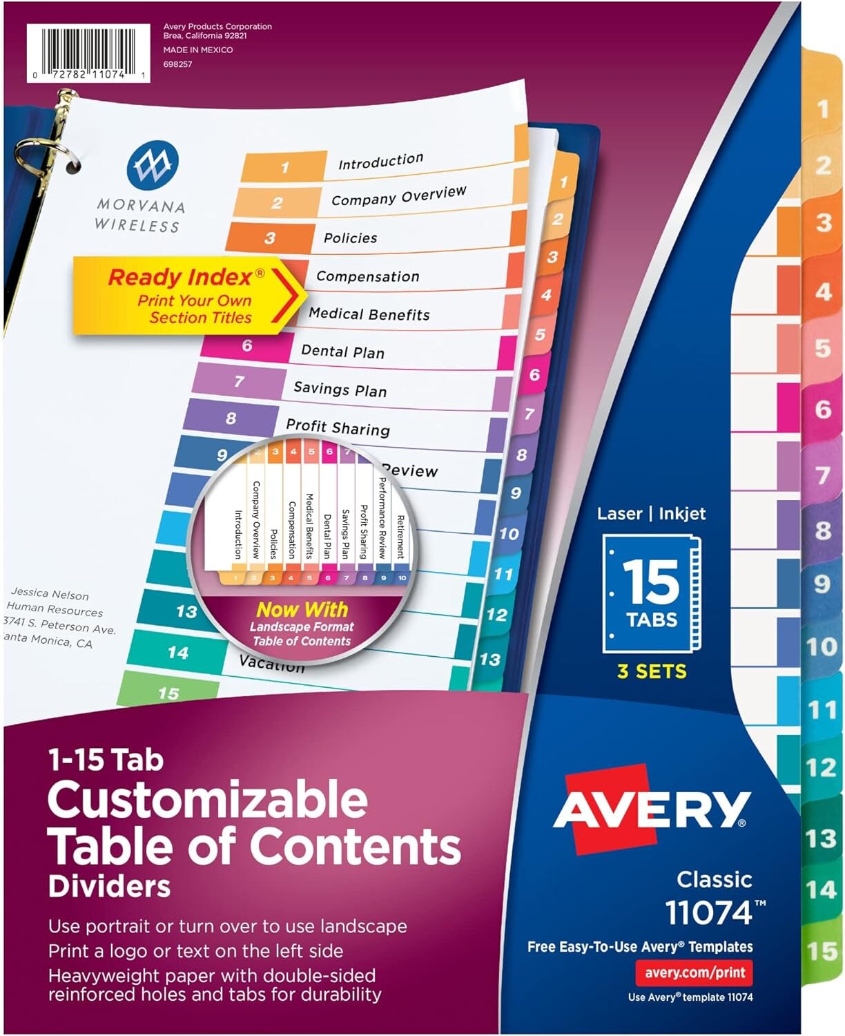 15 Tab Dividers for 3 Ring Binders, Customizable Table of Contents, Multicolor Tabs, 3 Sets (11074)