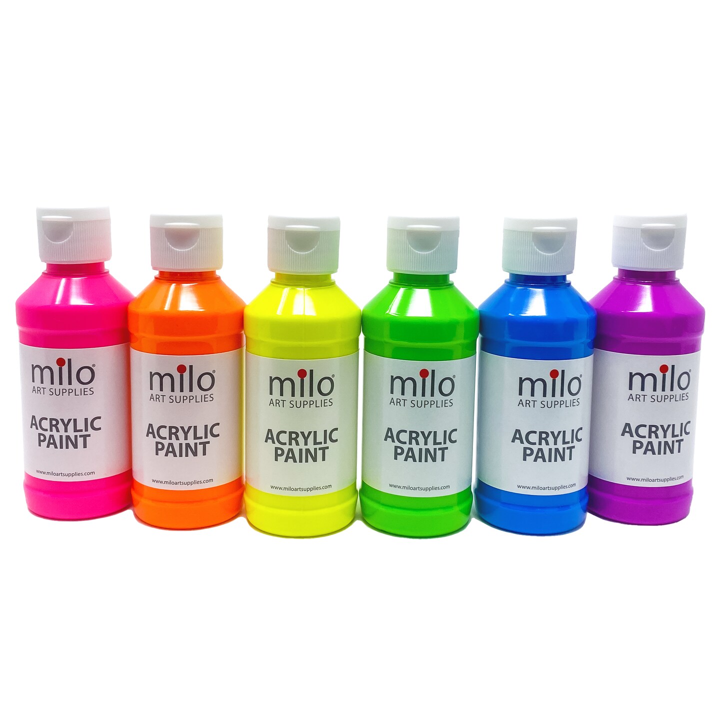 milo Fluorescent Acrylic Paint Set of 6 Colors | 4 oz Bottles | Student Neon Colors Acrylics Painting Pack | Made in the USA | Non-Toxic Art &#x26; Craft Paints for Artists, Kids, &#x26; Hobby Painters
