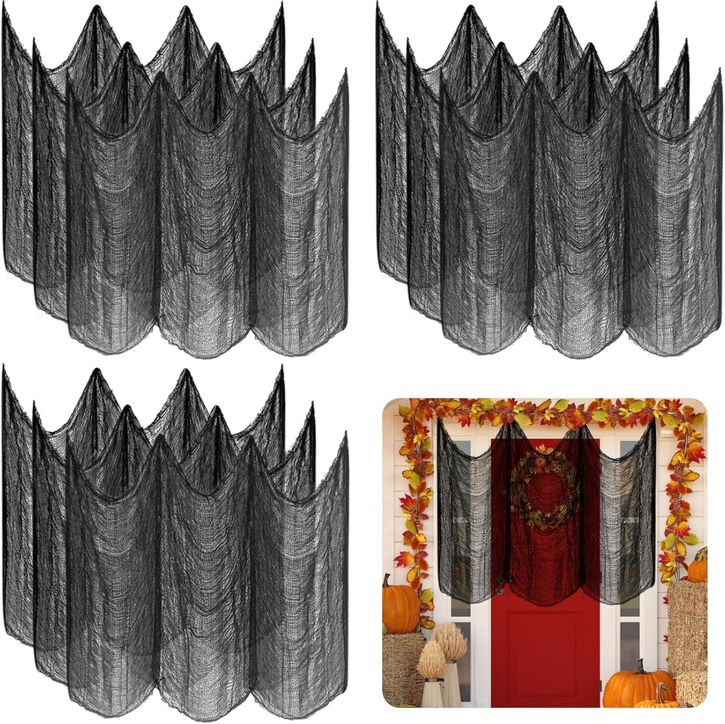 9 Pack Black Halloween Creepy Cloth 30 X 75 Inch Halloween Decoration Spooky Scary Gauze Cloth Black Cheesecloth for Halloween Party Supplies Outdoor Yard Home Wall Doorways