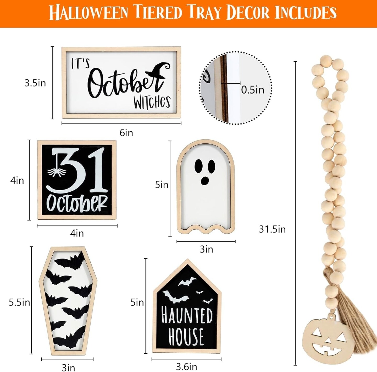 Halloween Decorations |  Halloween Tiered Tray Decor | Bat Coffin, Haunted House, Ghost, Witches, October 31 Sign, Bead Garland | Halloween Decor | Halloween Centerpiece for Table Shelf