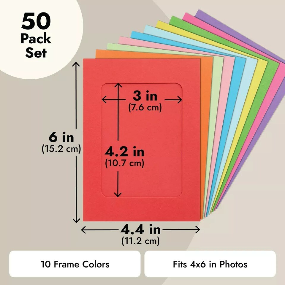 50-Pack Cardboard Picture Frames with Clips, 10 Colors, 4x6 in