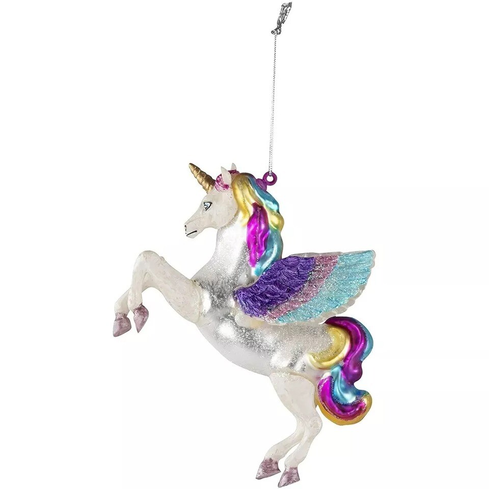 Rainbow Glitter Unicorn Ornament - 2-Pack Glass Christmas Tree Decor with String