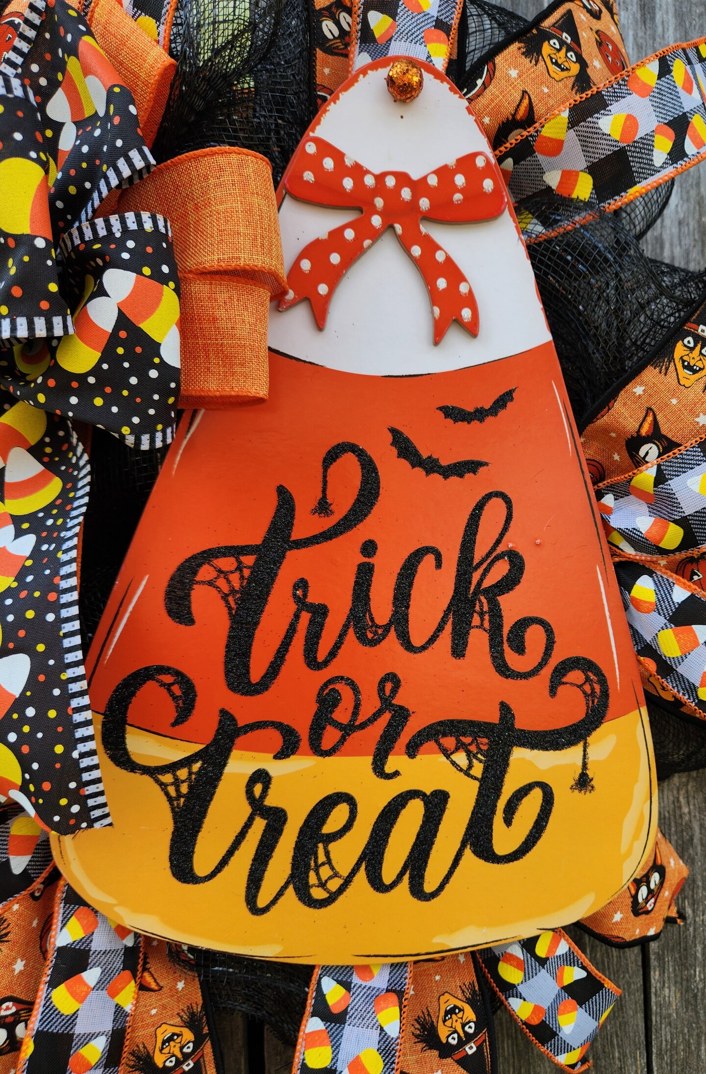 Candy Corn Halloween Wreath for Front Door, Trick or Treat Candy