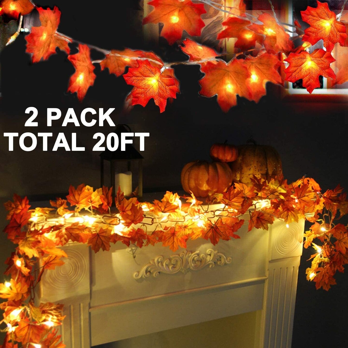Fall Decor Enlarged Maples Leafed Fall Decorations for Home Fall Lights Thick Leafs Garlands, Total 20Ft 40LED Battery Operated Waterproof Halloween Decor Thanksgiving Indoor Outdoor