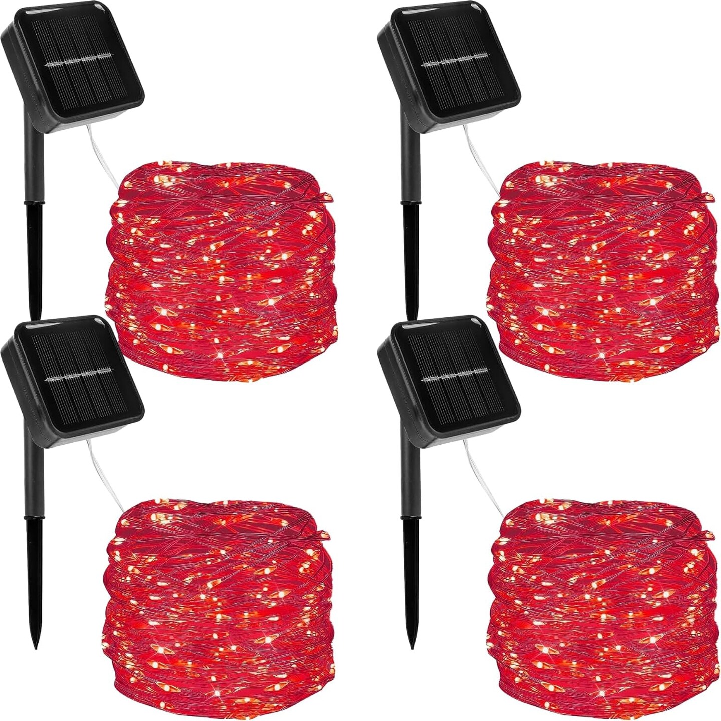 4 Pack Outdoor Solar String Lights, Each 39.4 FT 120 LED Solar Powered Valentines Day Decorative Fairy Lights with 8 Modes, Waterproof Silver Wire Light for Christmas Wedding Party, Red