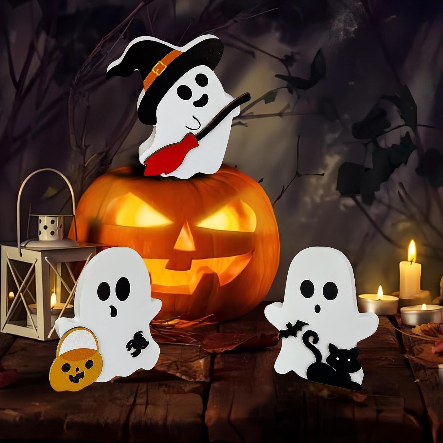 Cute Ghost Halloween Decorations for Indoors, Spooky Decorations, Wooden Tiered Tray Decor Table Sign, Black Cat, Bat, Witch Broom Signs, Pumpkin Blocks for Party Home Shelf Display