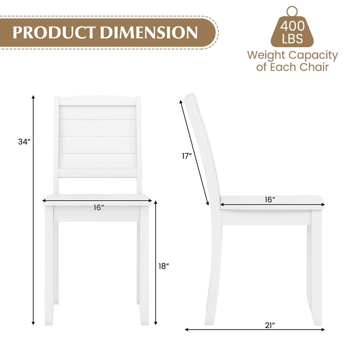 Costway Armless Wood Dining Chair Set of 2 with Rubber Wood Legs Curved Backrest Kitchen White/Black