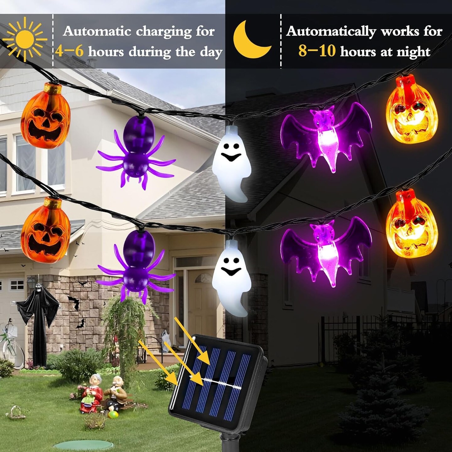 Halloween Solar Lights Decorations Outdoor, 26FT 40 LED 3D Pumpkin Spider Bat Ghost Halloween String Lights with Timer, 8 Modes Waterproof Halloween Decorations Lights for Indoor Home Yard Party Decor